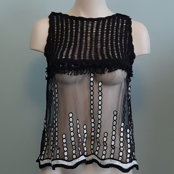🅱️🅾️G🅾️ Sheer sequins crochet black top - Picture 1 of 7